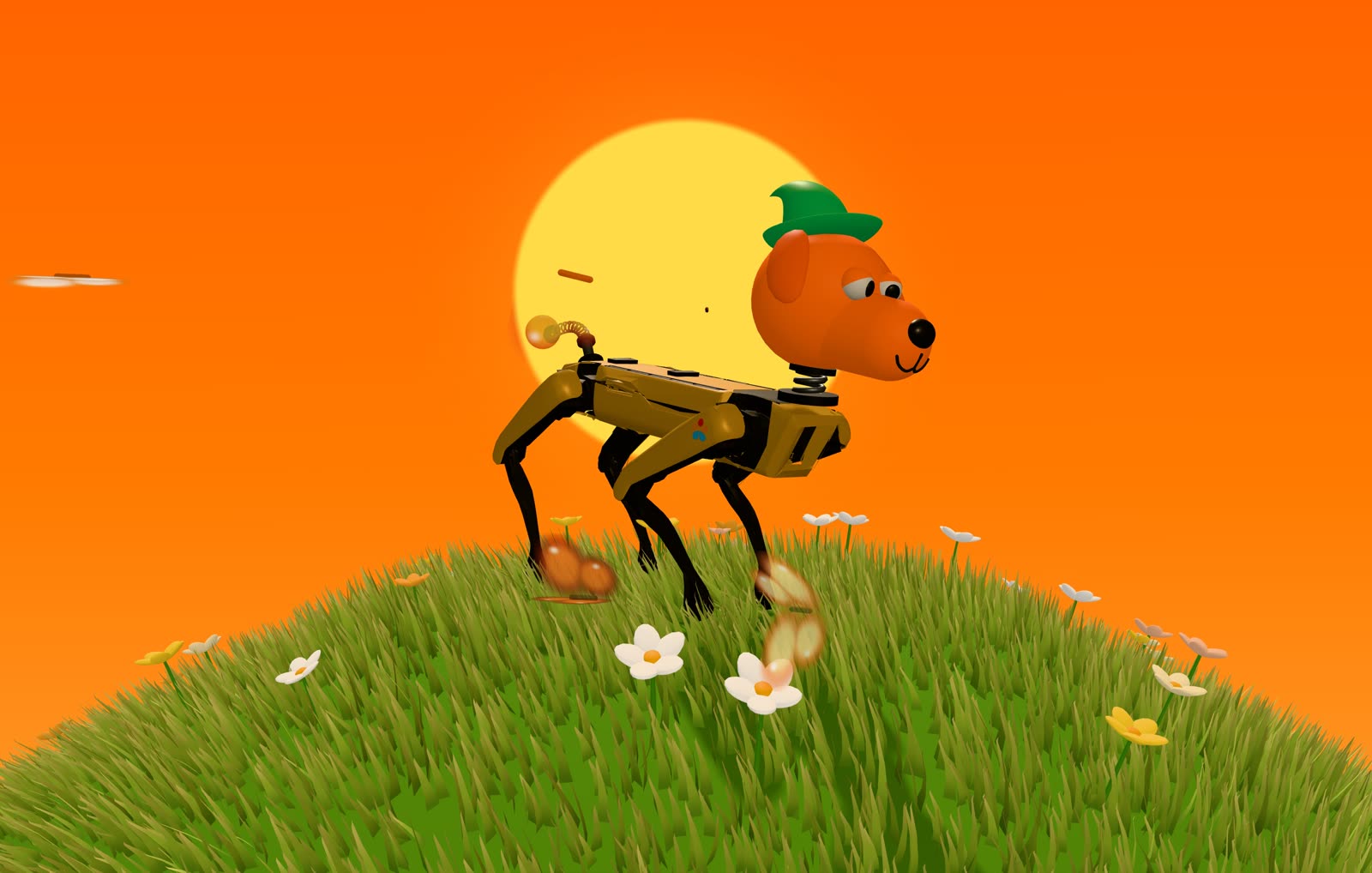 Biscotti, a robot dog with a big orange head and a green hat, walking over a tiny grassy planet under an orange sky